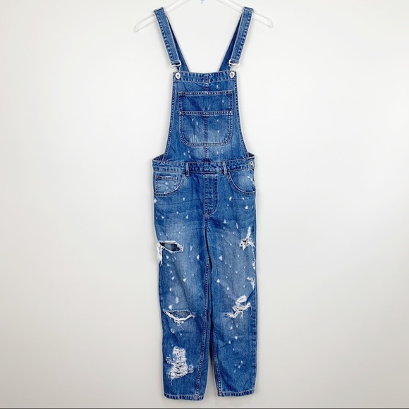 Zara Denim - Zara | Distressed Denim Overalls Graffiti Blue S